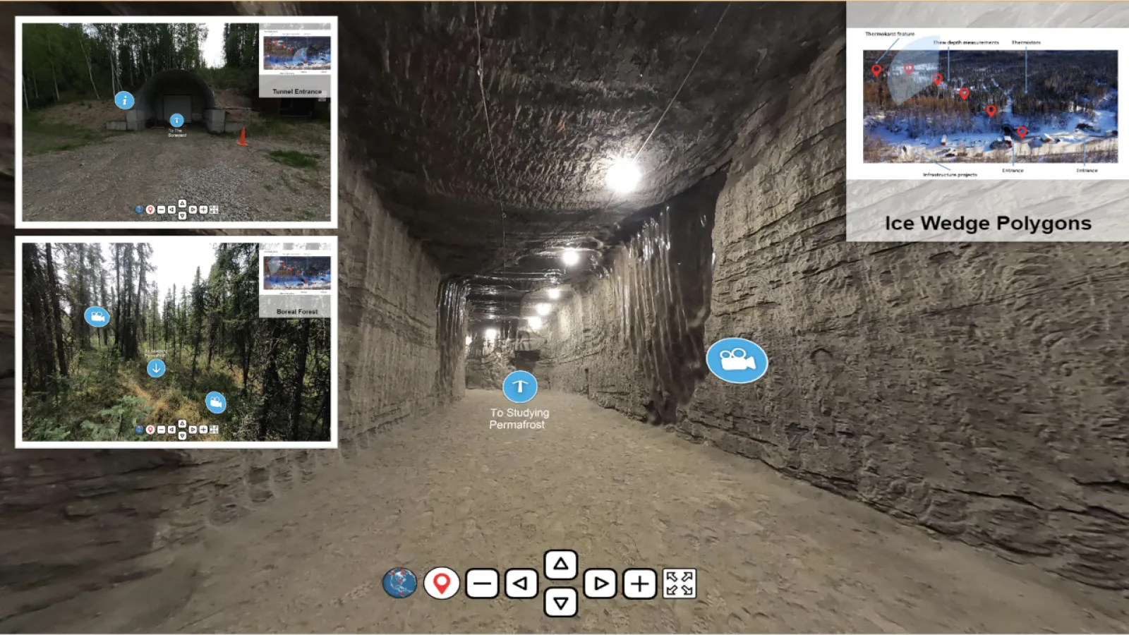 Center image of looking down a square tunnel of dirt on every side with wires and lighting going though the tunnel on the ceiling. With 2 inserts on the left and one insert image on the right of other areas outside the tunnel. The main image also has icons to show interaction of map, left, right, forward, video etc.