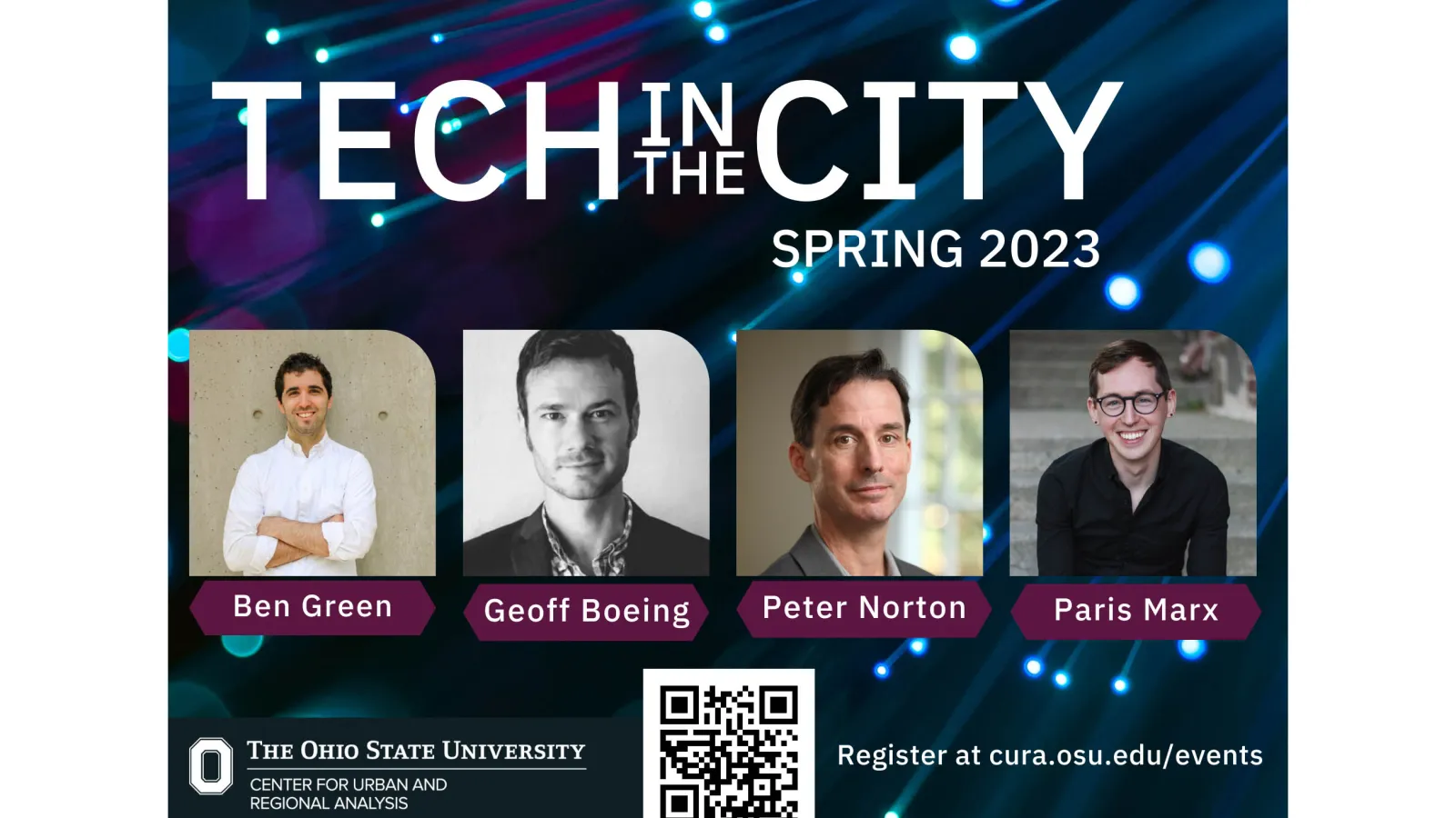 Flyer of Tech in the City Spring 2023 series with images of the speakers