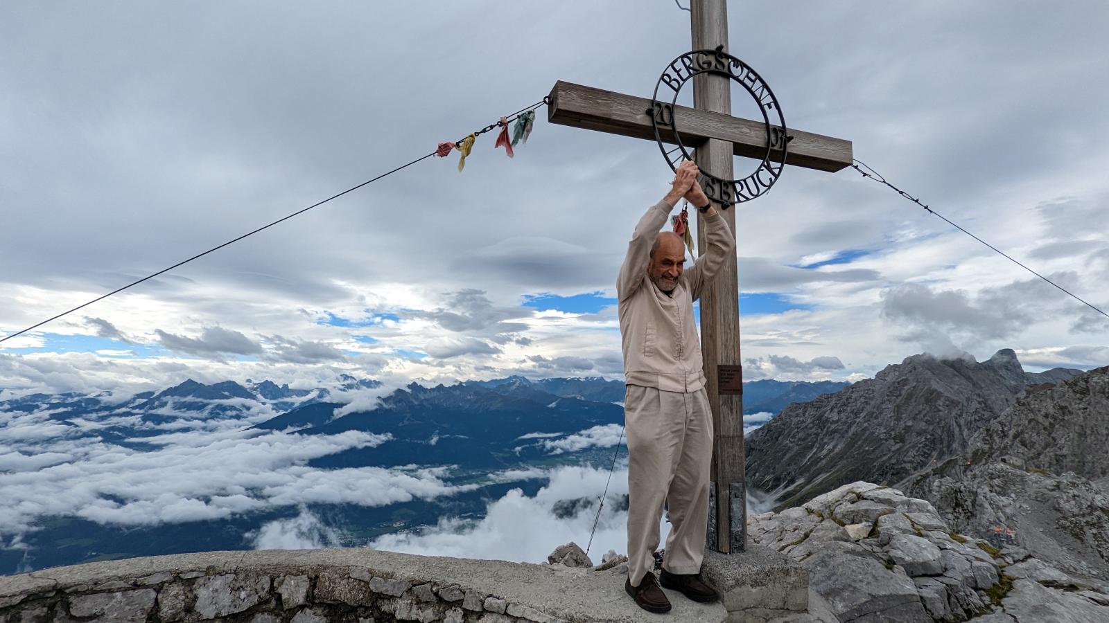 90-year-old Henry Brecher at the Nordkette peak in Innsbruck at 2300 meters above sea level. Image credit to Emily Mazan.
