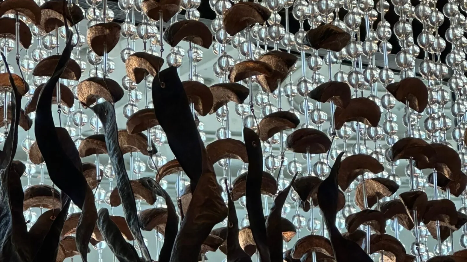 An art installation: glass beads, seed pods, and nut shells hang in the air on hooks and string