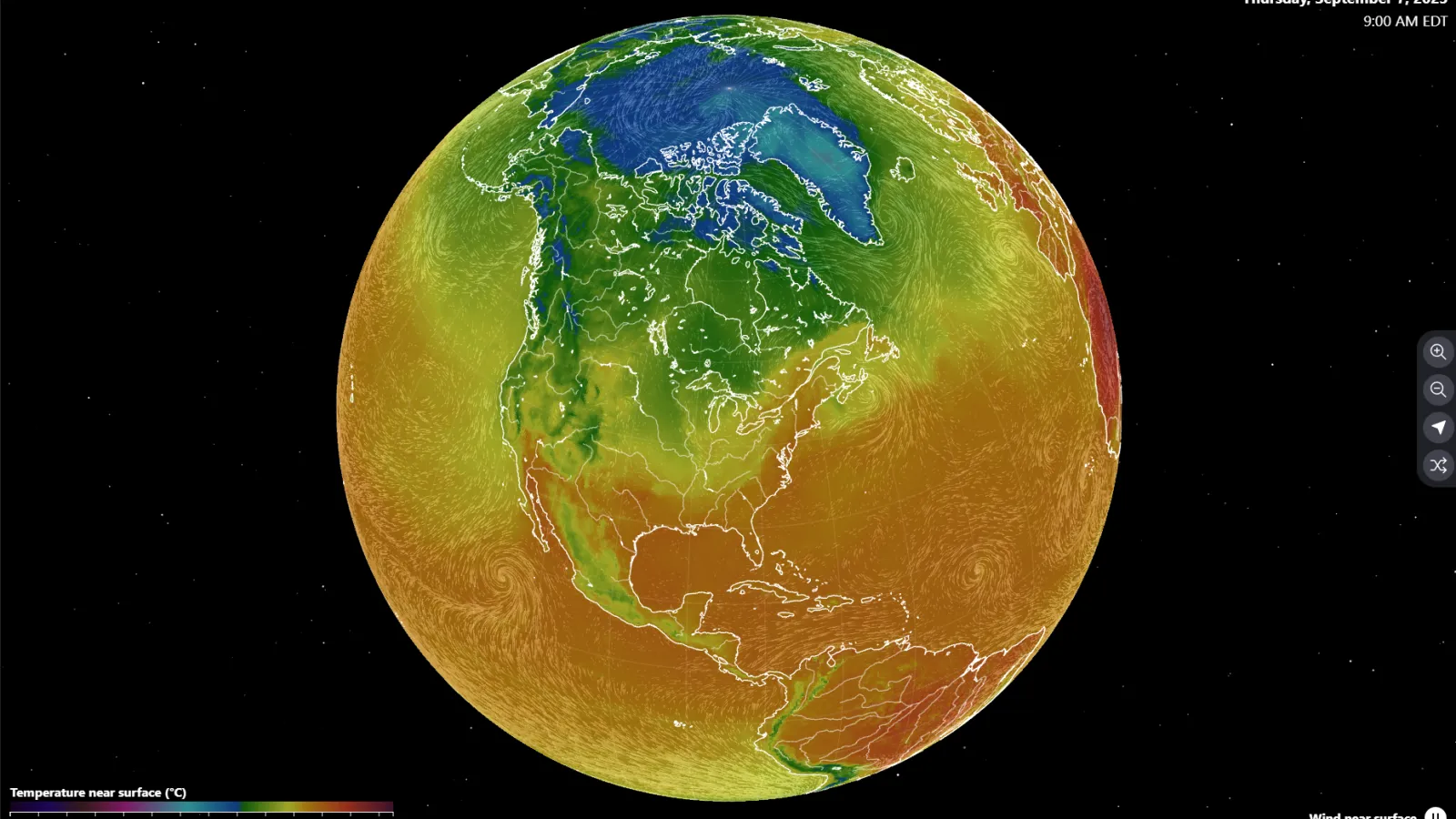 A screenshot of an interactive Fluid Earth in the middle of a black space sprinkled with stars. A color scale of temperature near surface(C) from -80 to 50 is at the bottom left and on the top right states Thursday, September 7, 2023 9:00 AM EDT—control buttons in the middle right and bottom right text state Wind near surface. 