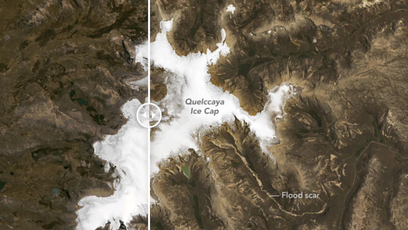 A split screen aerial  info graphic of the Quelccaya Ice Cap shows before and after ice melting at the top