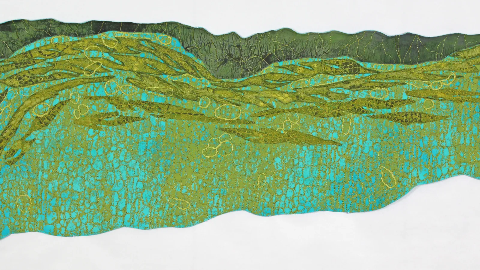 Darker green algae in greenish water painted by an artist