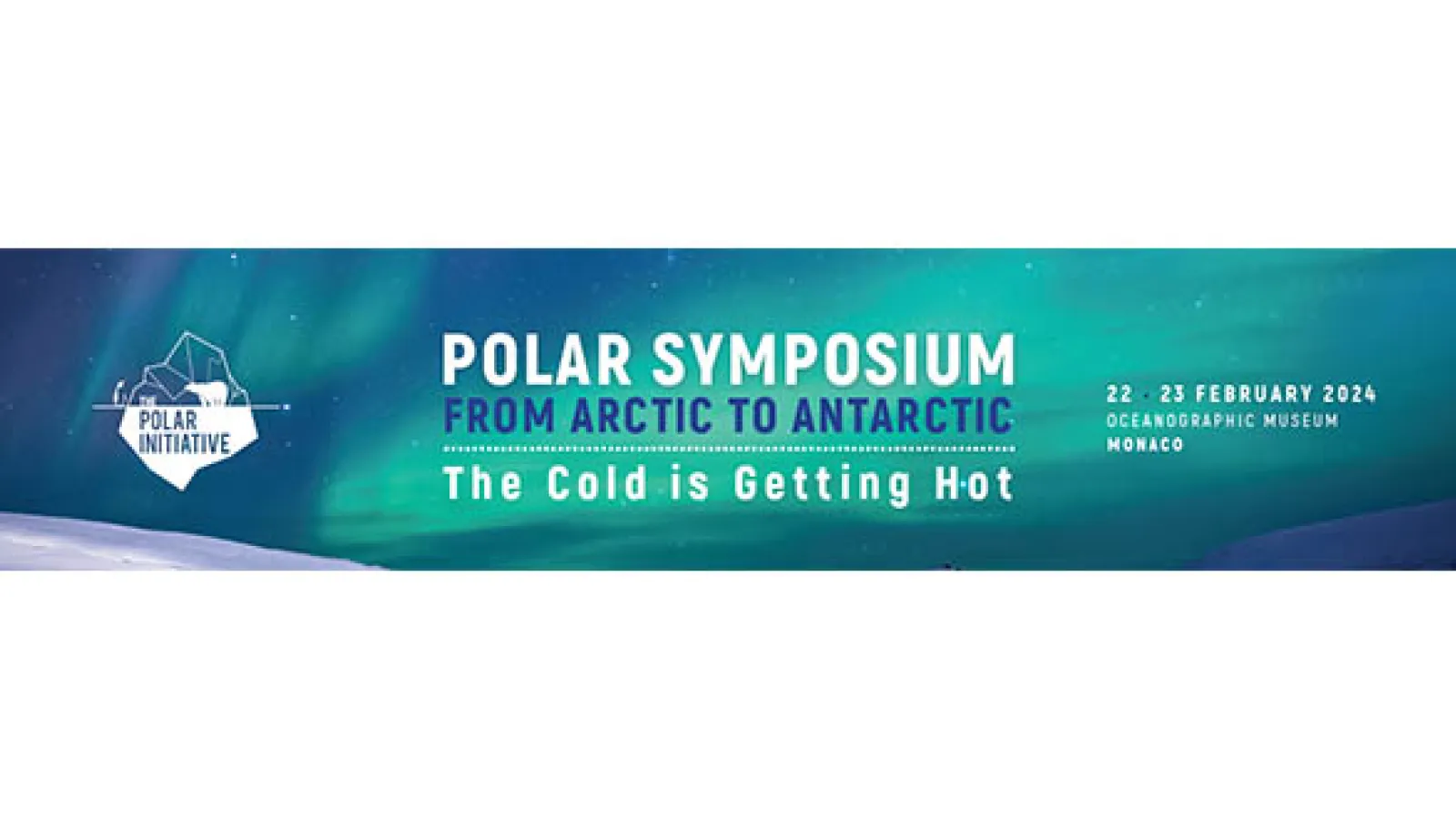 The Northern Lights with snow and the Polar Initiative logo 