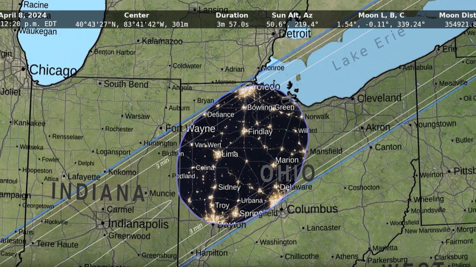 Map of Ohio and surrounding states showing the solar eclipse path or totality. 