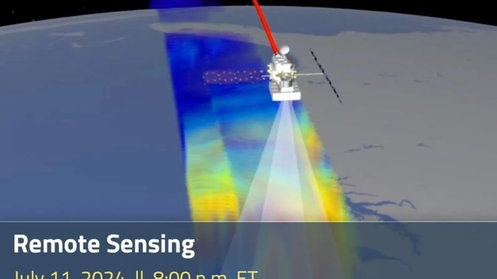 GPM 10-in-10 Webinar series  with their logo and a satellite representation above a colorfdul surface with an image of 5 portrait at the bottom and text above: Remote Sensing July 11, 2024 || 8:00 p.m. ET