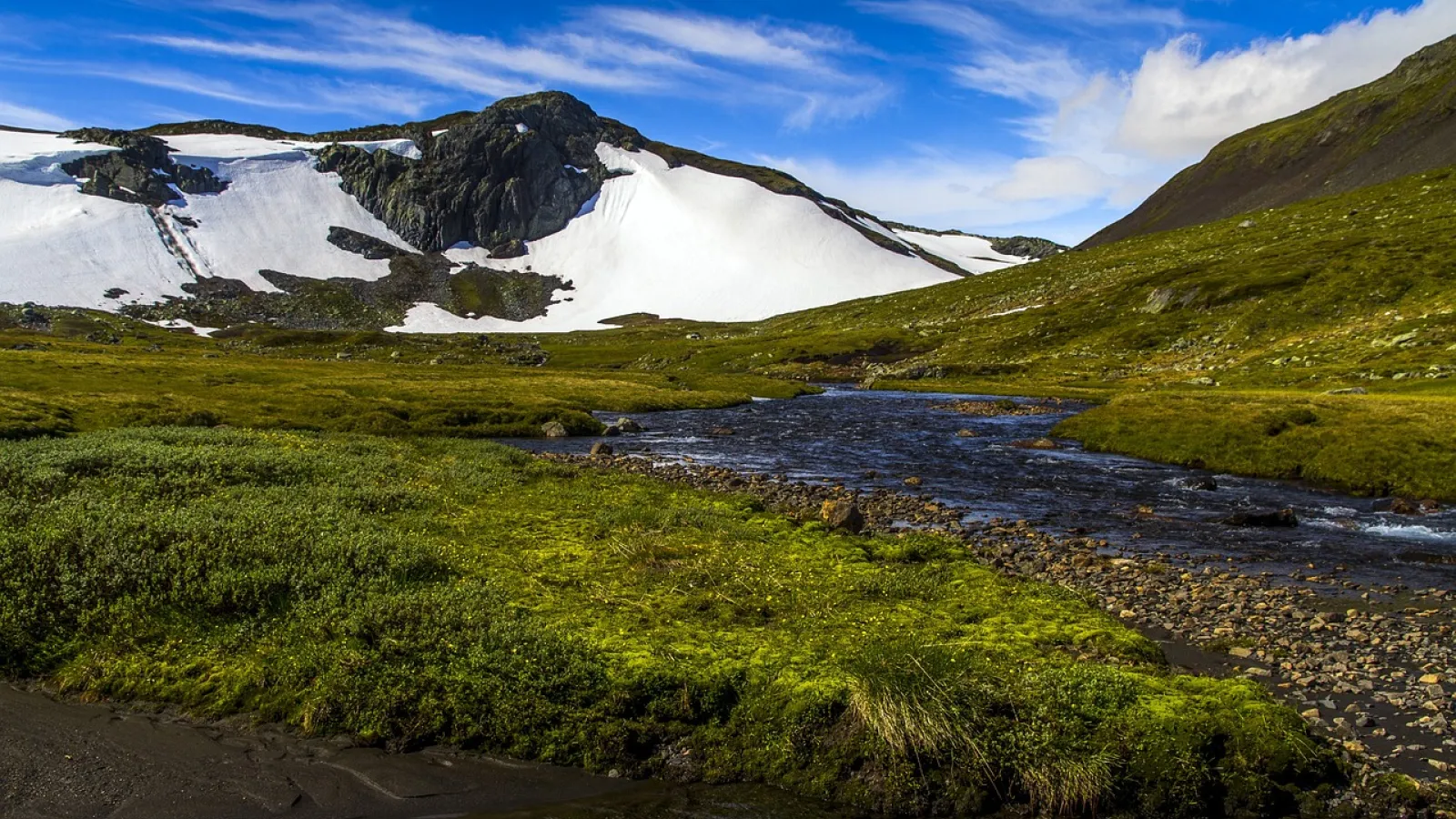Nature view of snow-covered mountain in a distance with a creek and grassy field landscape. 
