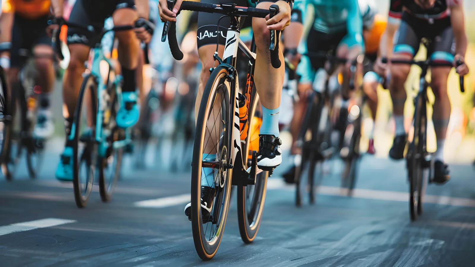 Close-up of a group of cyclists with professional racing sports gear riding on an open road cycling route