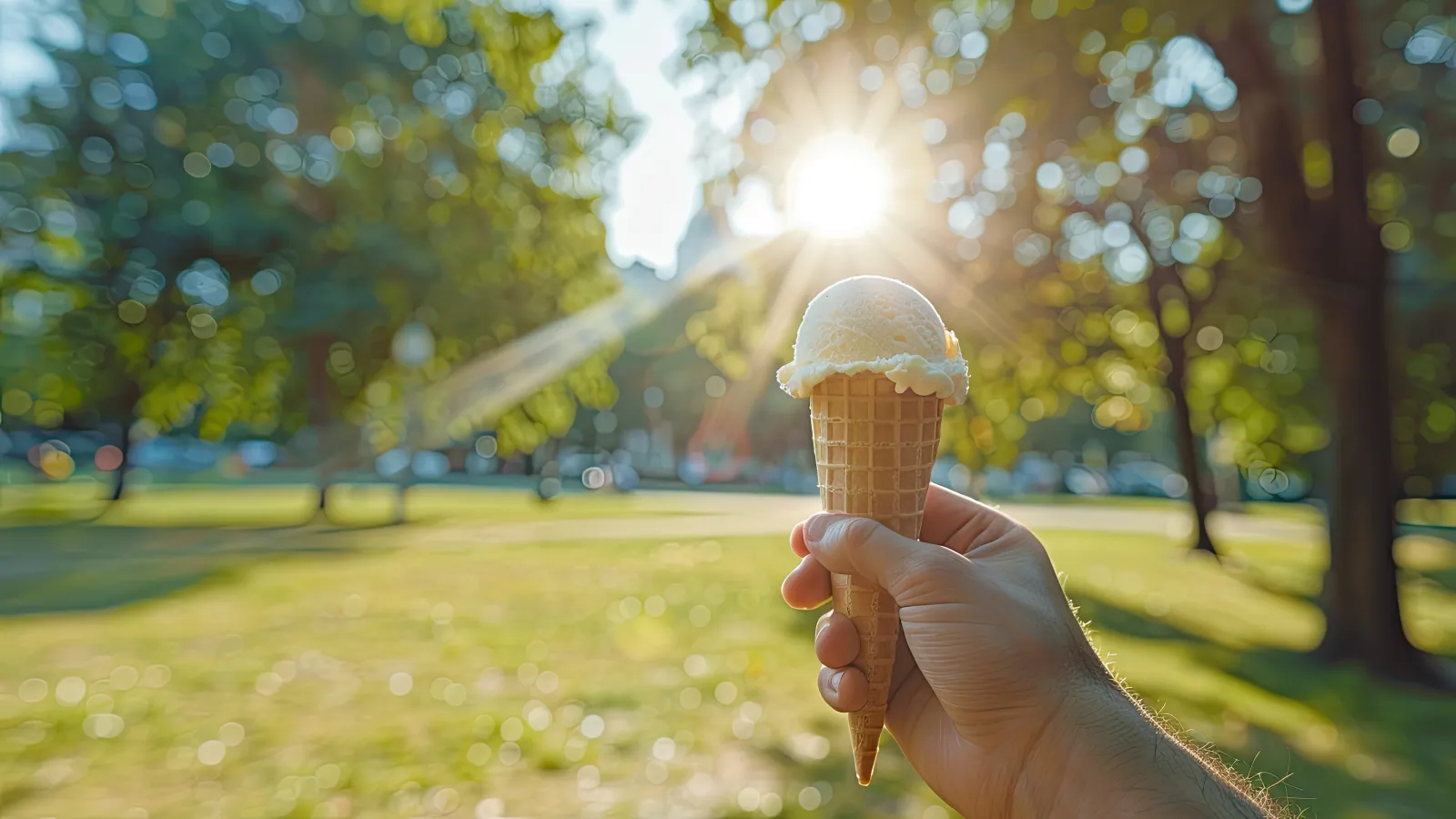 A hand holding a waffle cone with vanilla ice cream in green space.