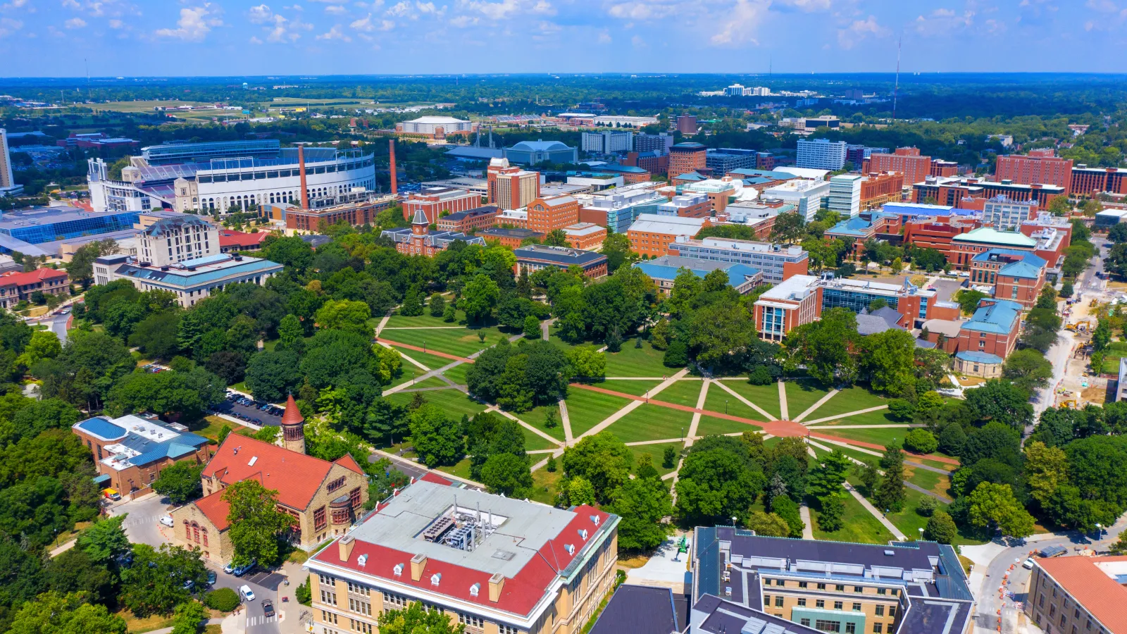 Aerial of The Ohio State Univerisy's Columbus campus, the Oval.