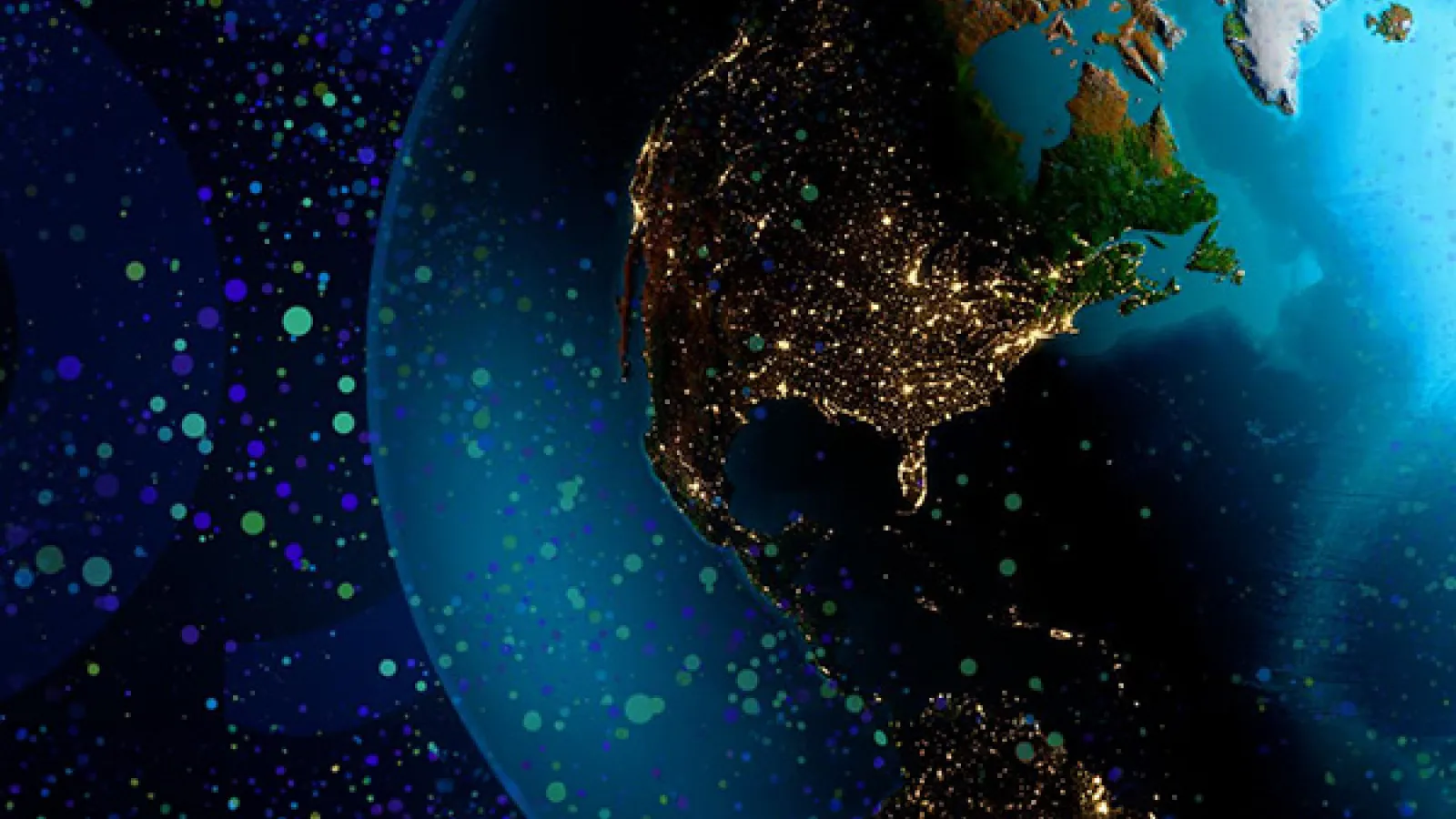 Earth against a dark background with points of light in blue and bright green