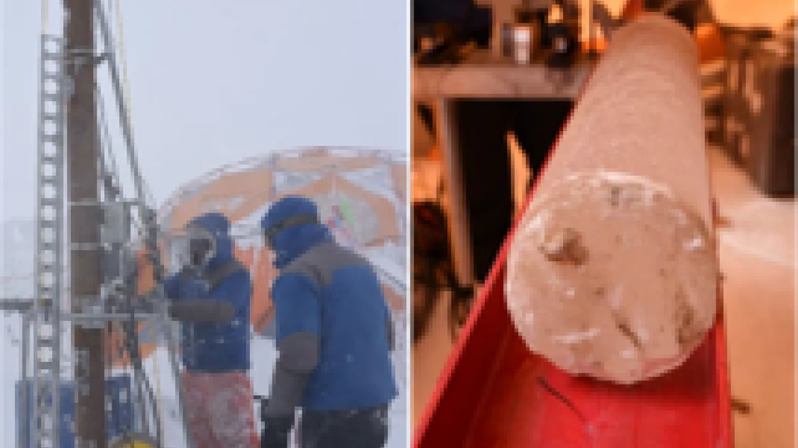 Side-by-side, to the left. two people outdoors in front of am orange tent in snow working with equipment. On the right, an image of the ice core in a red tray.  