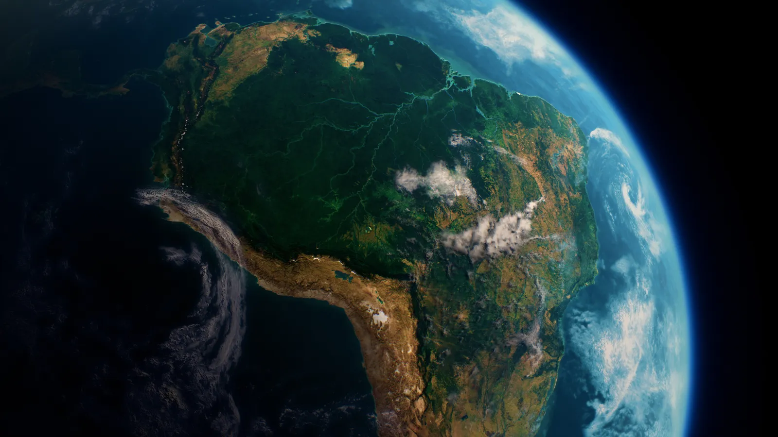 Satellite view of South America with visible lush greenery and cloud formations over the continent, set against the backdrop of Earth's curvature.