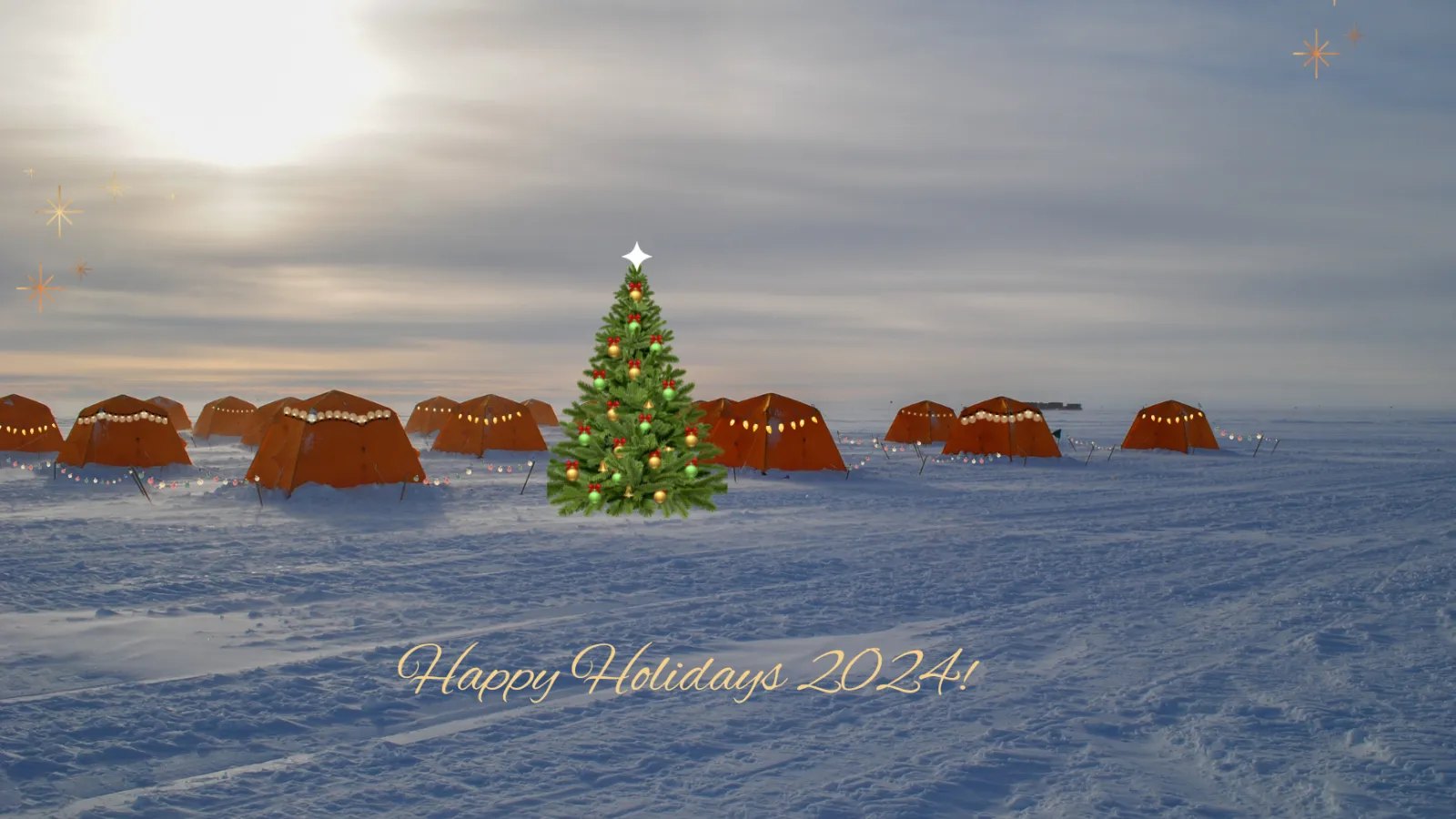 Happy Holidays 2024! white frame with gold accents with an image of tents on Whillans Subglacial Lake embellished with lights and a decorated tree.