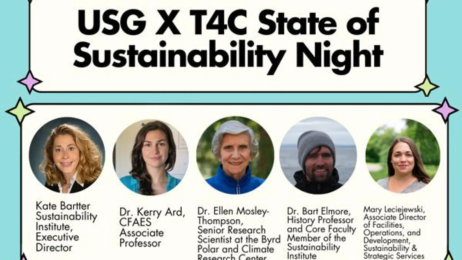 Promotional image for USG X T4C State of Sustainability Night featuring five speakers at the event