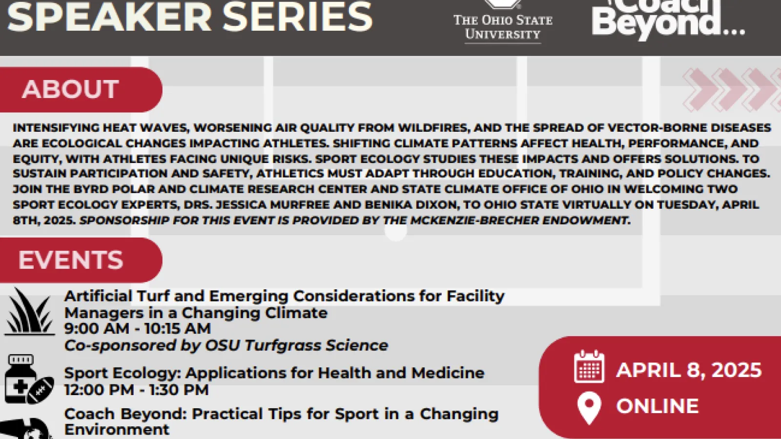 Promotional flyer for the Ohio State sport ecology event series