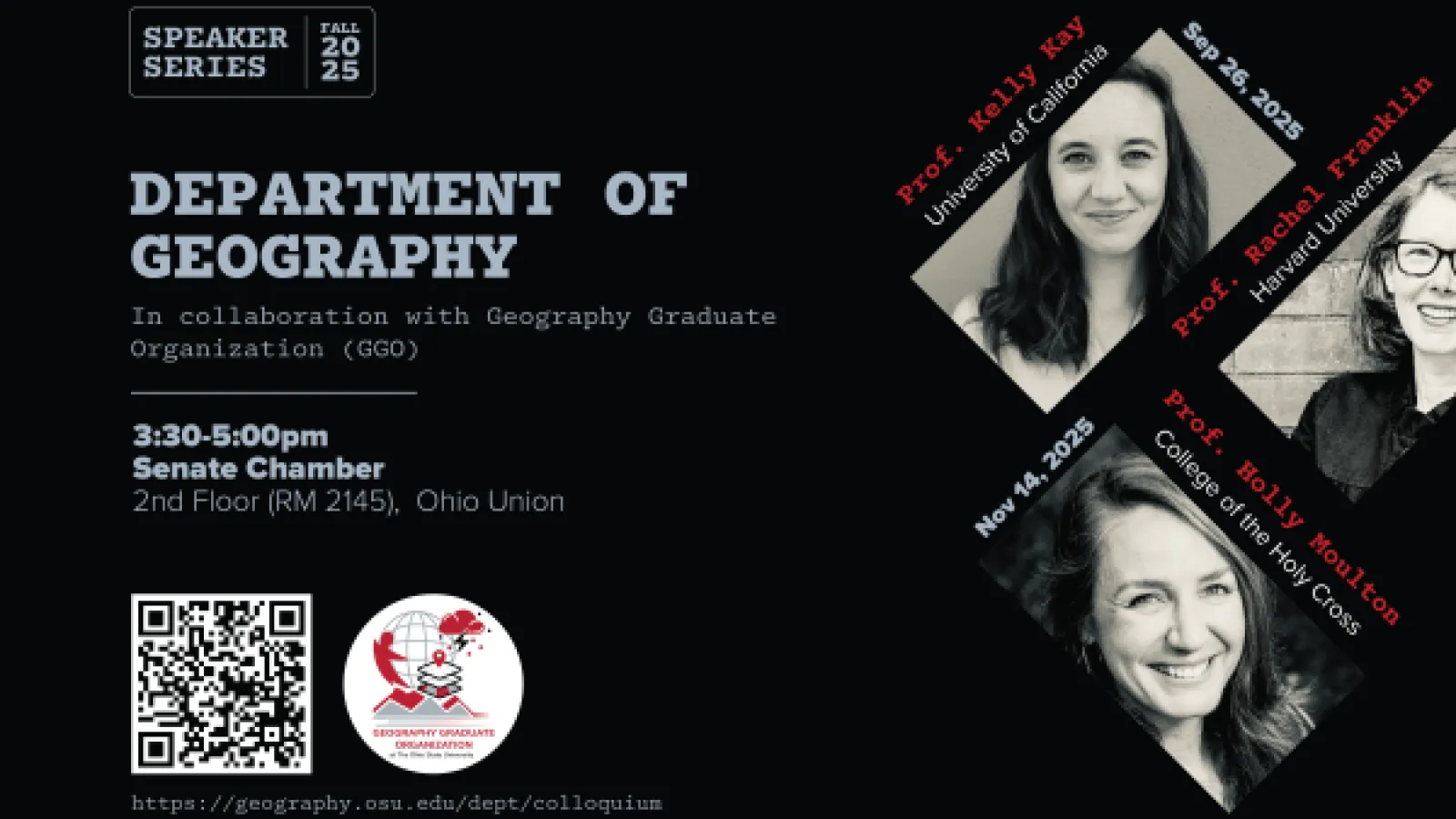 Promotional poster for the Department of Geography Speaker Series at Ohio Union, featuring event details, dates, QR code, and images of three guest speakers.