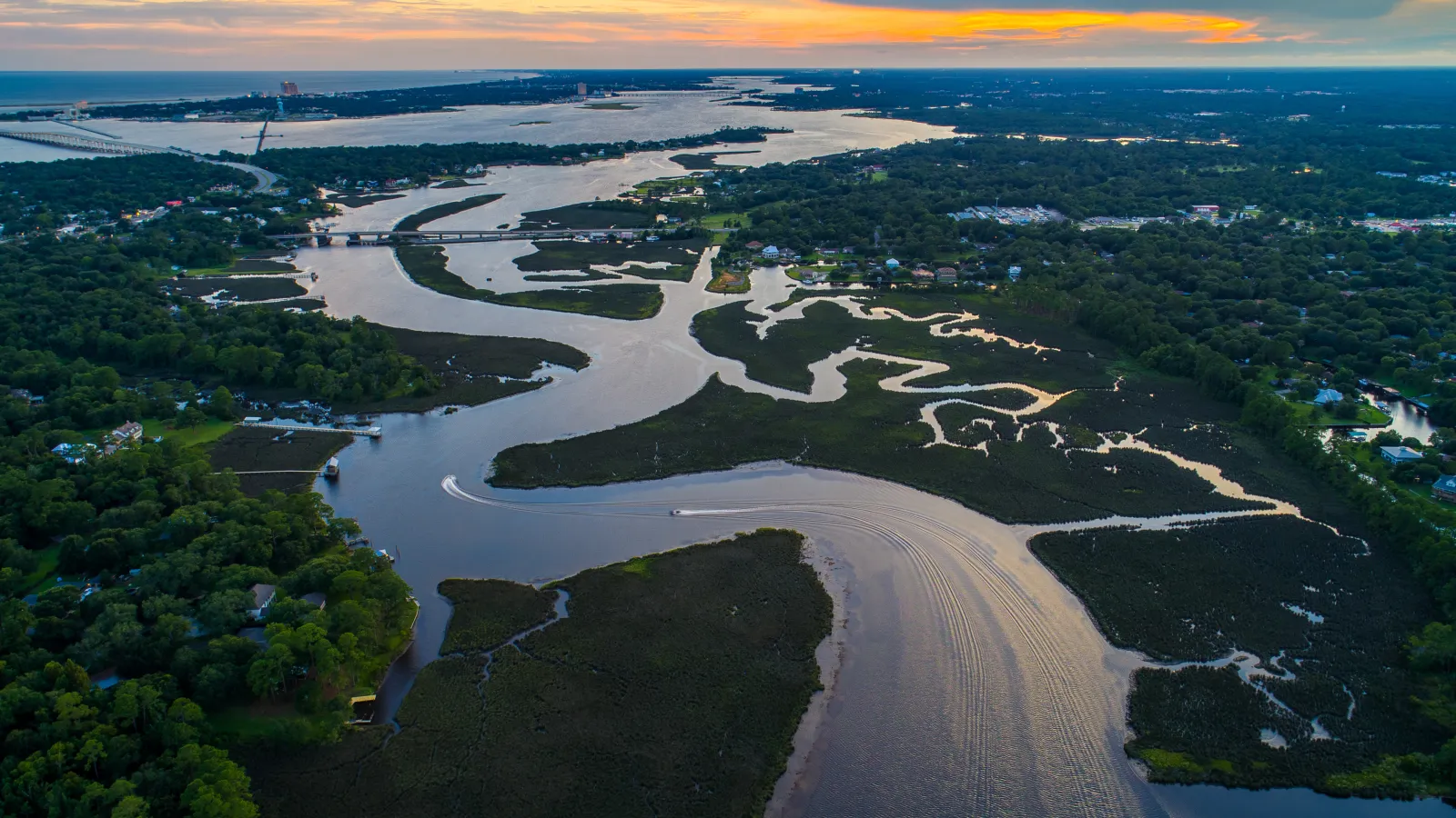 A wide River flows surrounded by vegetation.