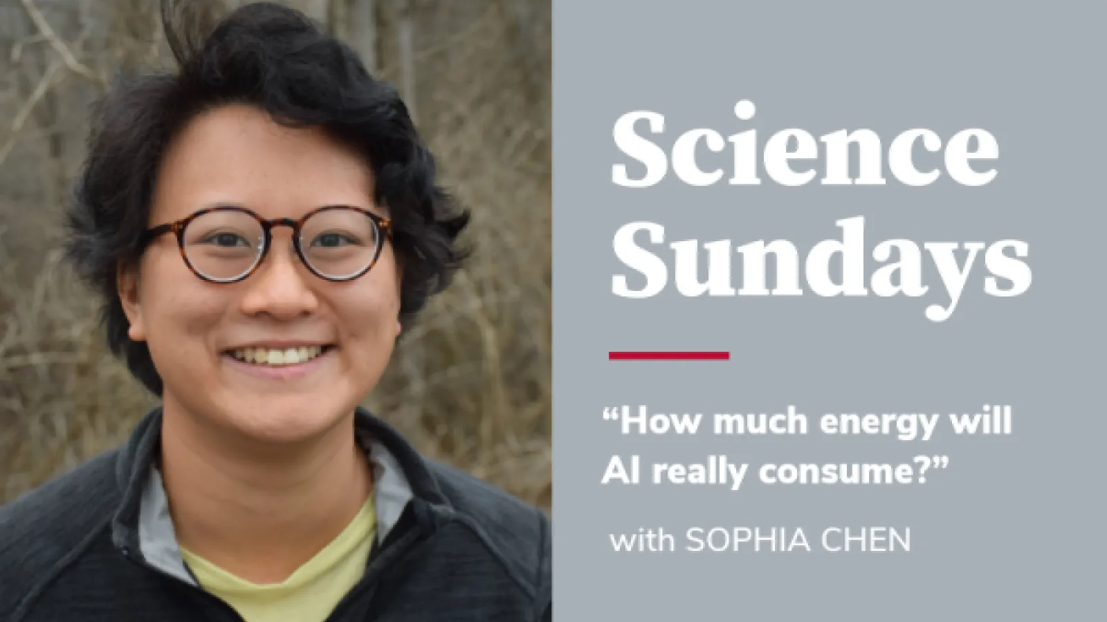 Portrait of Sophia Chen smiling, wearing glasses and a dark jacket