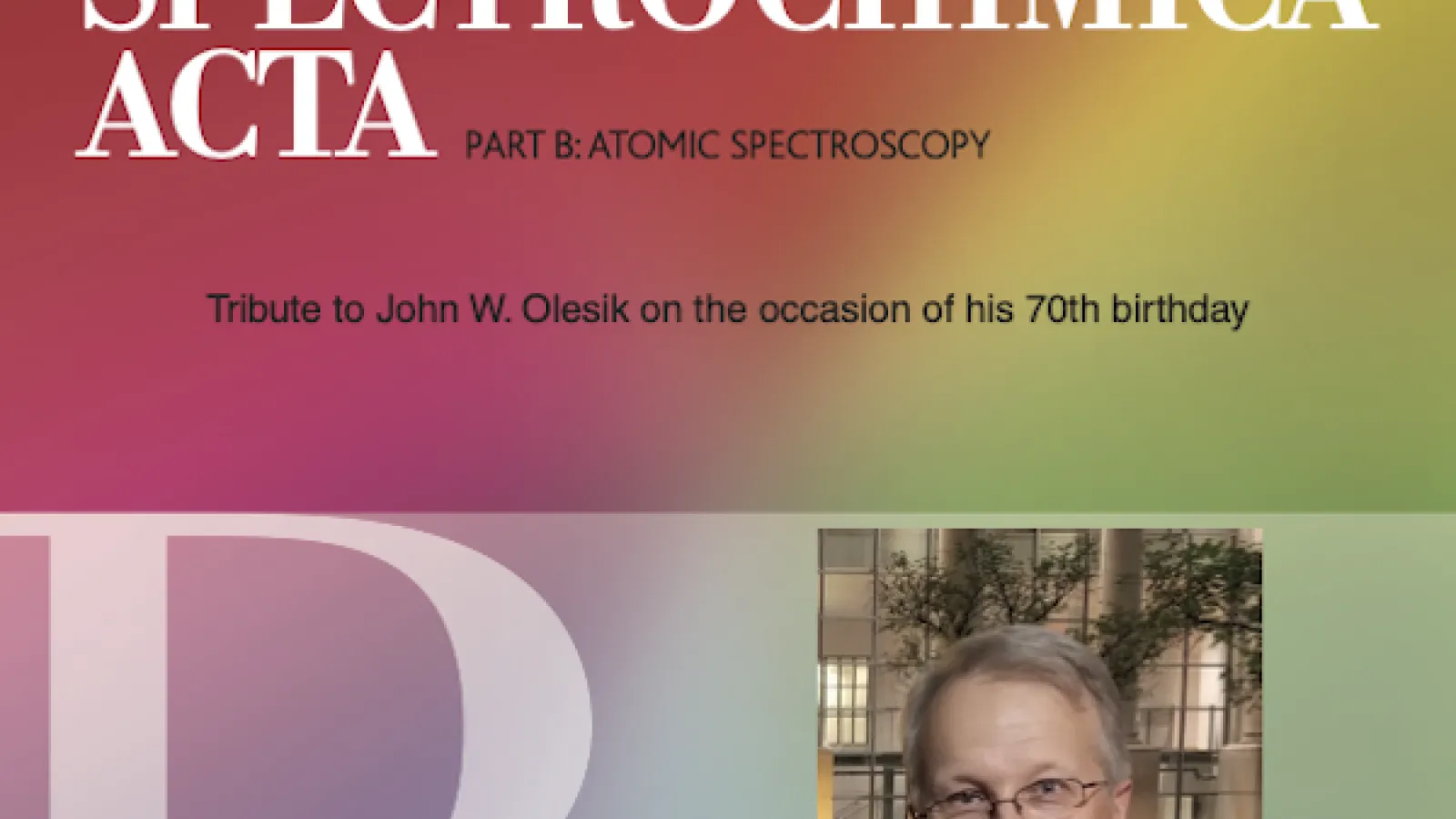 Cover of Spectrochimica Acta Part B: Atomic Spectroscopy (Vol. 236, February 2026) with a colorful gradient background and a small portrait of a man in a suit.
