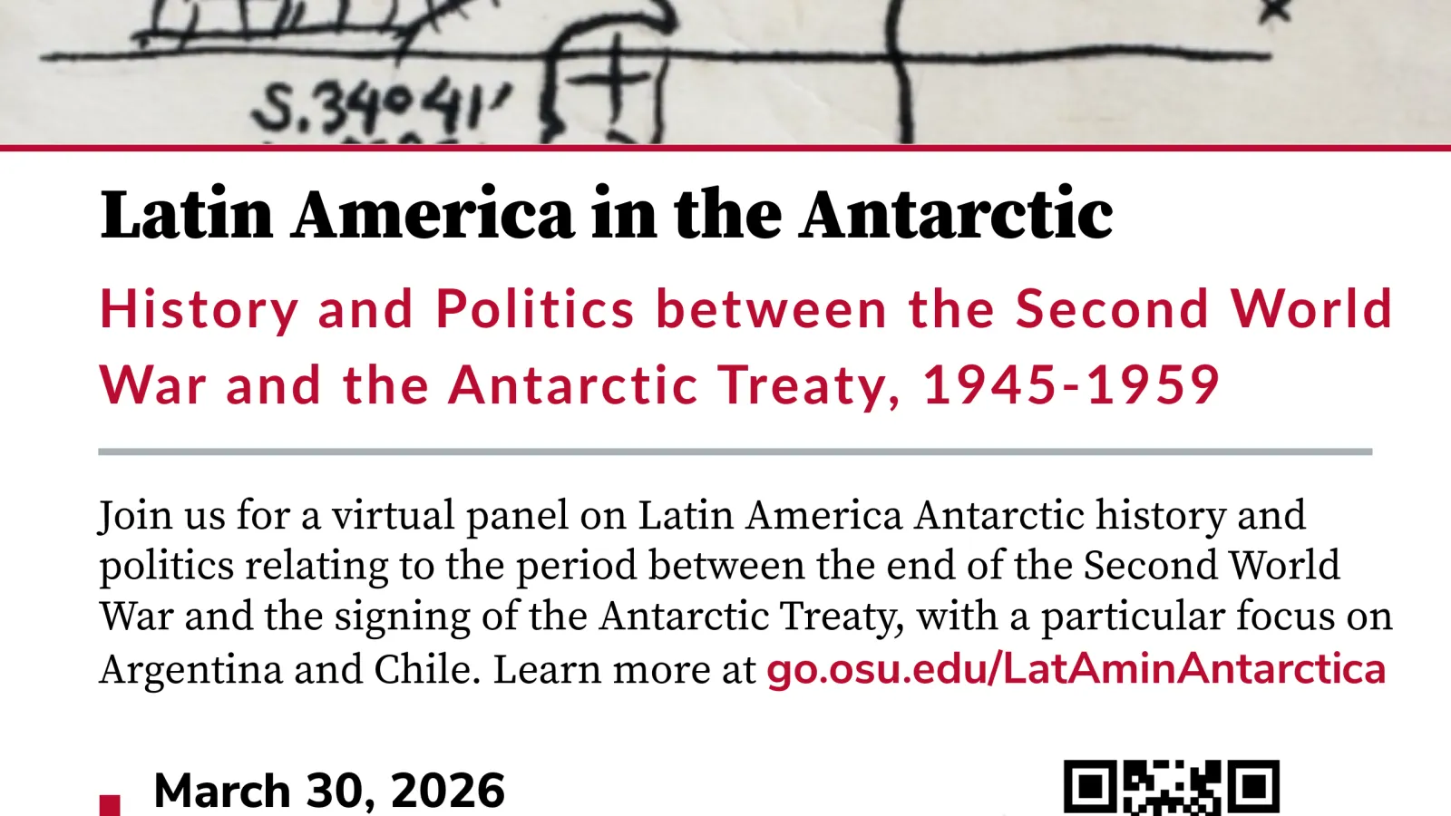 Flyer for a virtual panel on Latin America in the Antarctic, with event details for March 30, 2026, and a hand‑drawn sketch of a ship, sun, and Antarctic scene at the top.
