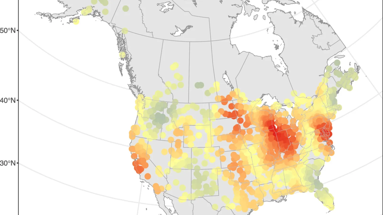 A map of North America showing bird‑decline intensity, with red and orange clusters in the U.S. Midwest and lighter yellow and green areas elsewhere.