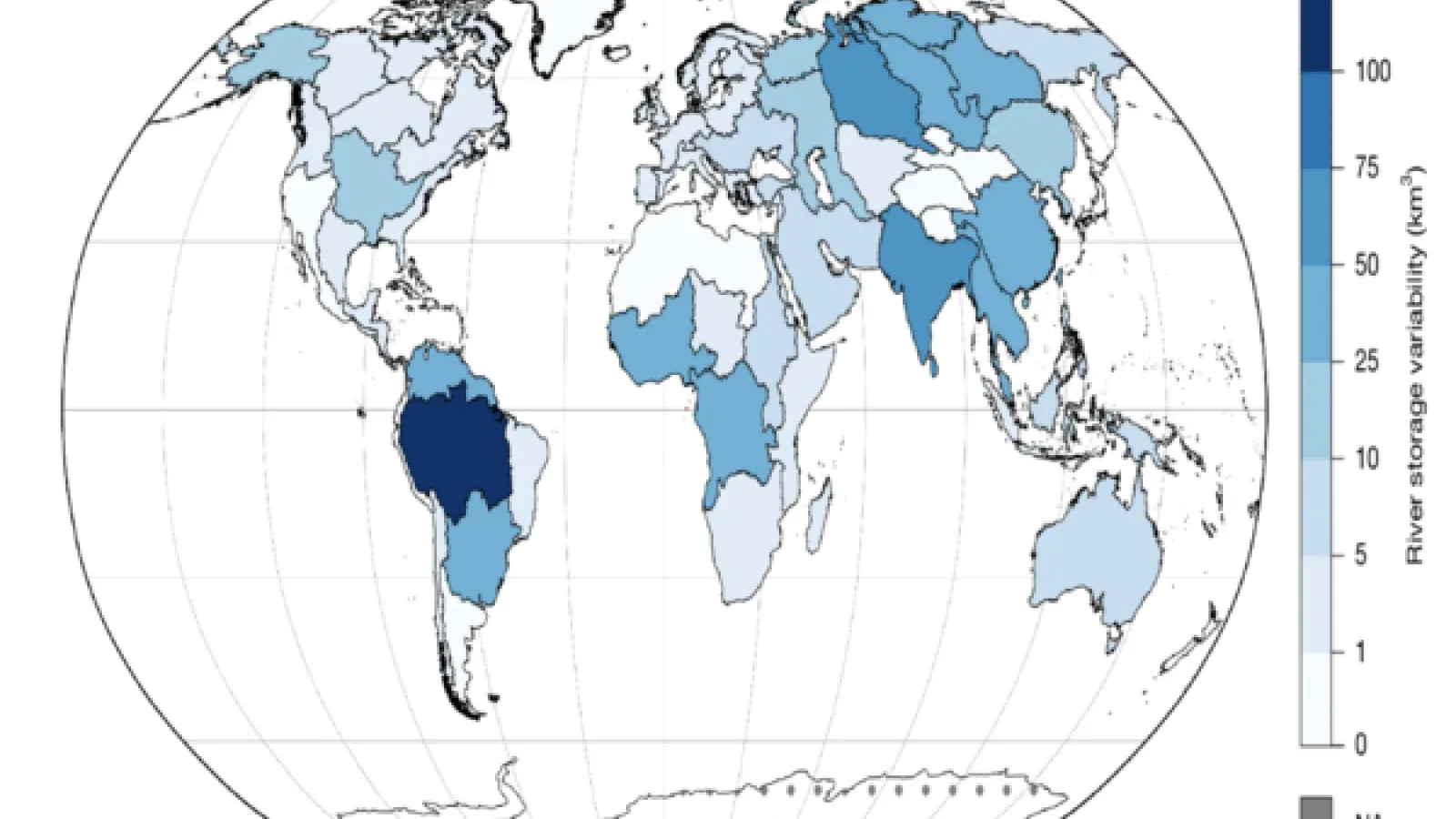 A world map showing river storage variability across 61 basins, shaded from light to dark blue to indicate increasing variability. South America’s northern basin shows the highest values. Gray shading marks areas not assessed, including Antarctica.