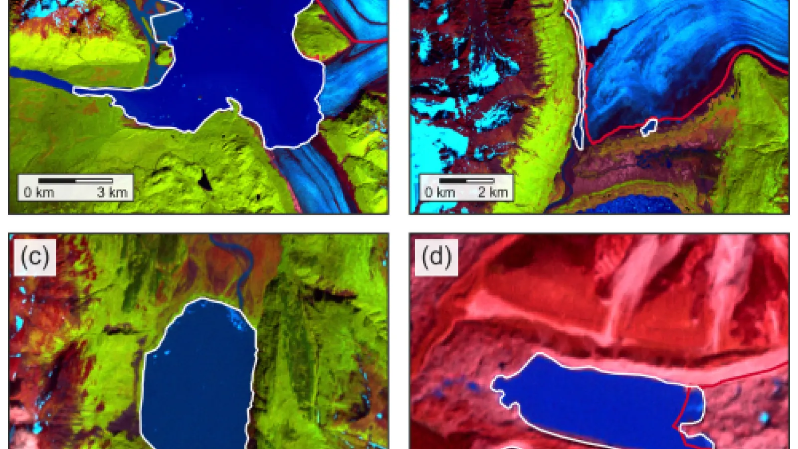 Four false-color satellite images (a–d) of blue lakes outlined in white, with red lines marking shoreline changes; varying shapes include a large lake, a narrow channel, an elongated lake, and a smaller lake with a nearby circular feature, each with a 1–3 km scale bar.