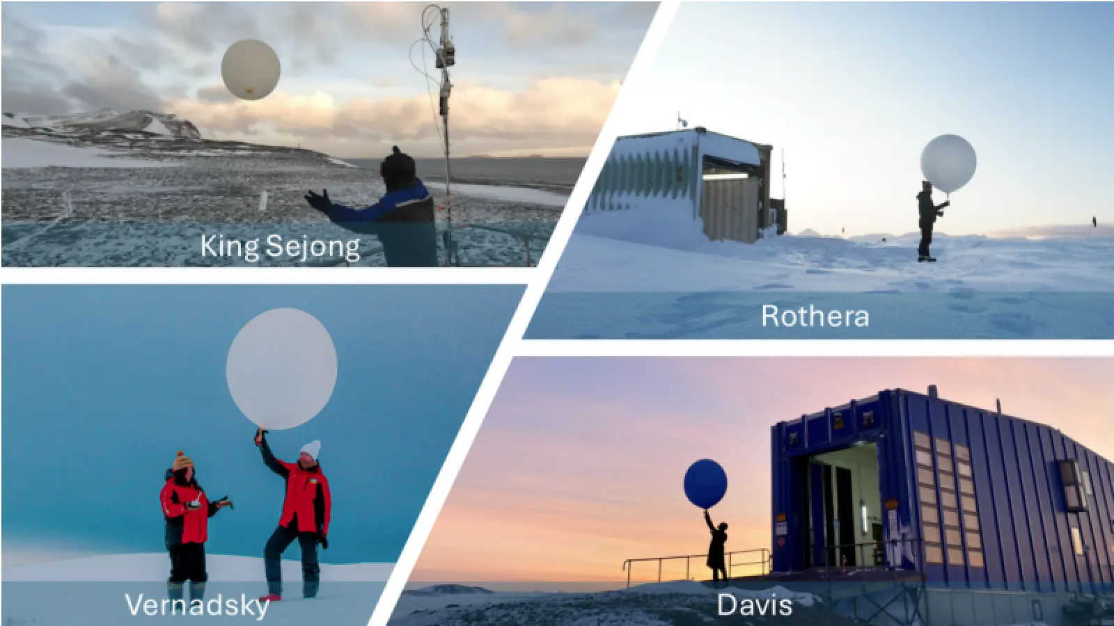 A collage of four weather balloons in the Antarctic at different times of day. Check caption for info.