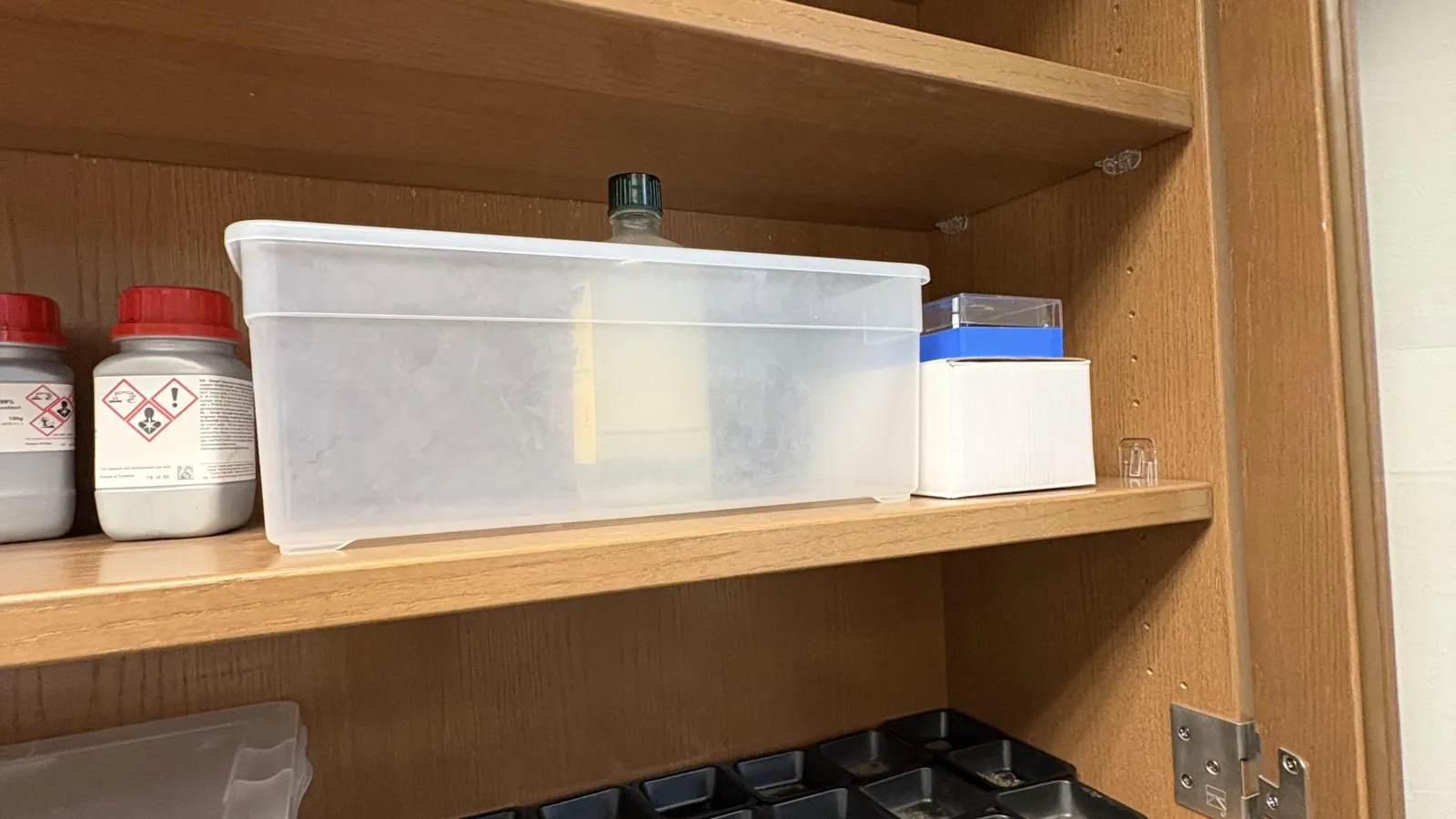 Cabinet of lab samples and materials.