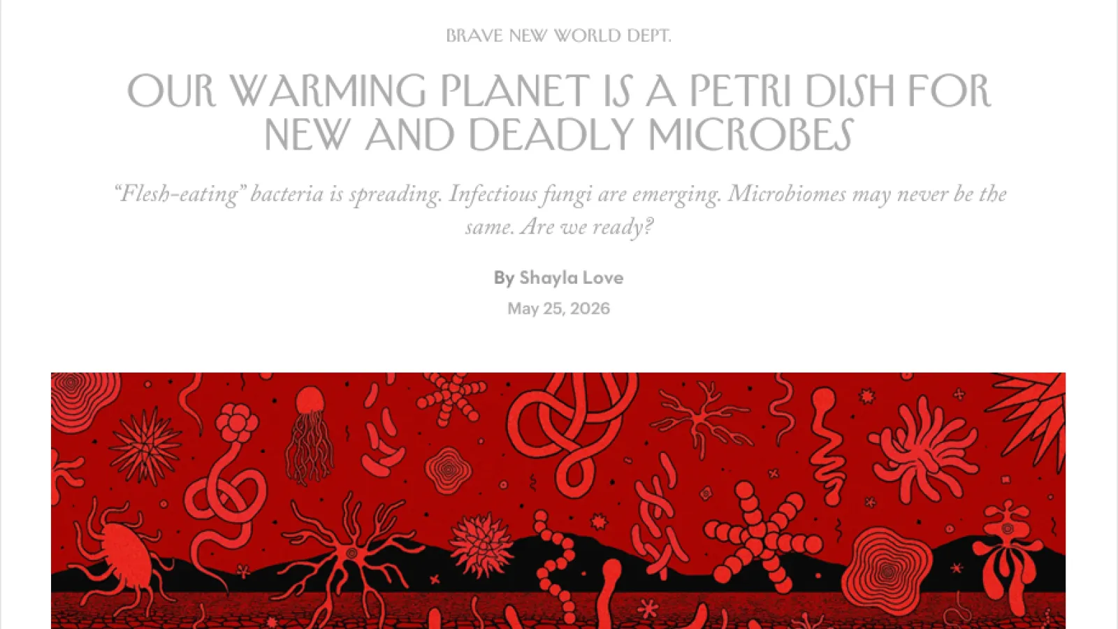 Illustration of a cracked, drought-like red landscape filled with oversized abstract microbes and bacteria floating through the air beneath the headline about climate change and deadly microbes