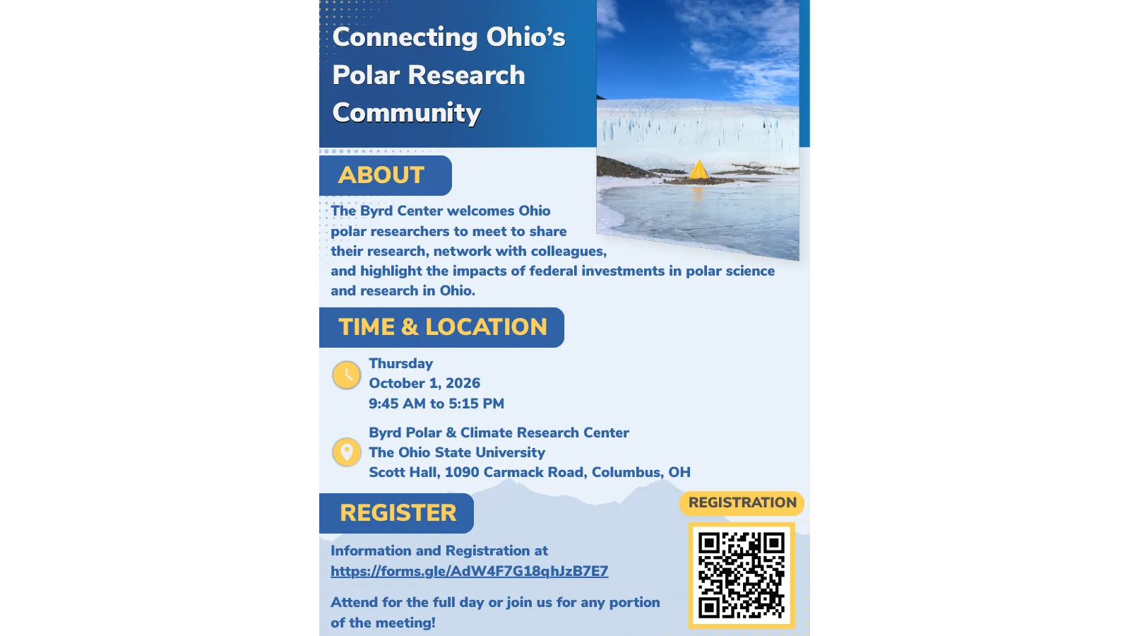 Flyer for Polar Research Community meeting on October 1, 2026, at Scott Hall, 1090 Carmack Road, Columbus, OH