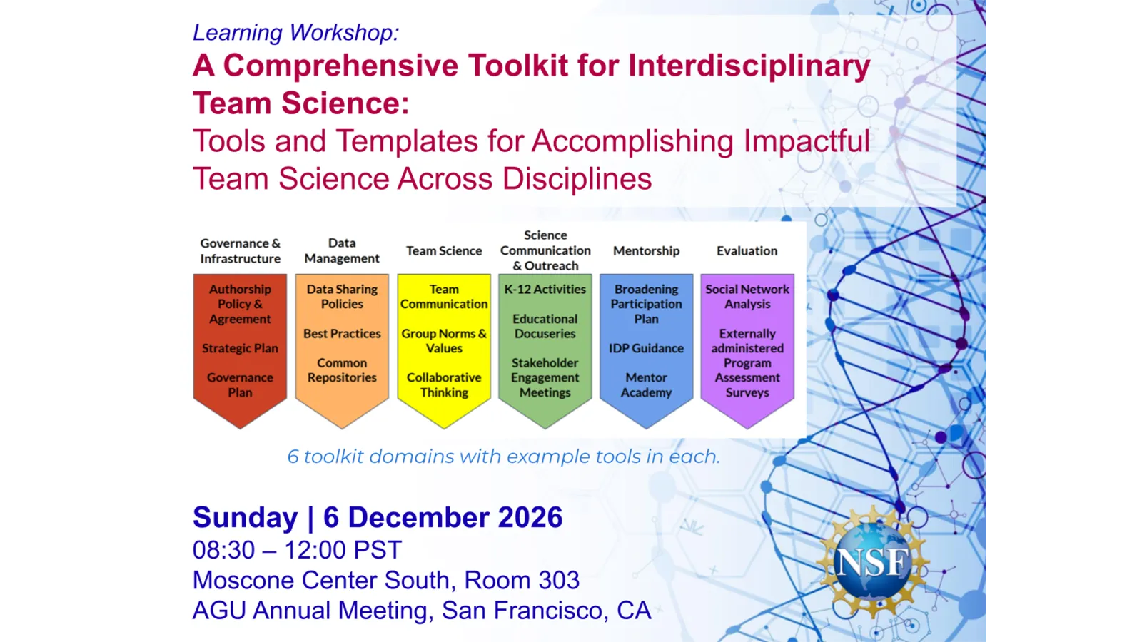 Flyer for an AGU workshop on December 6, 2026 from 8:30 AM - 12:00 PM PST