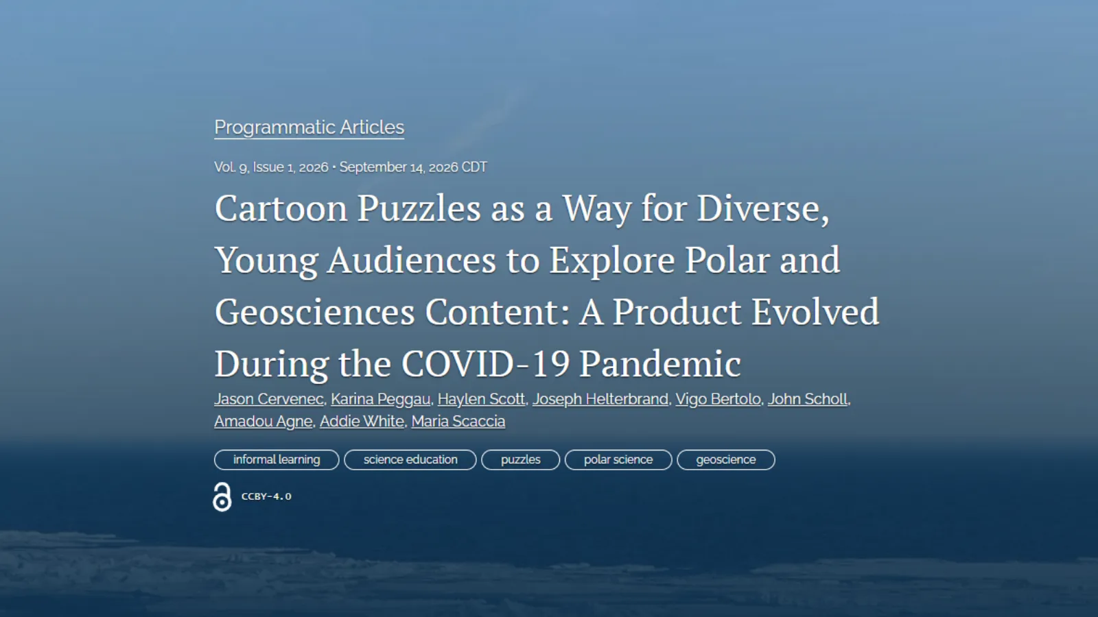 The cover of the recent publication titled, "Cartoon Puzzles as a Way for Diverse, Young Audiences to Explore Polar and Geosciences Content: A Product Evolved During the COVID-19 Pandemic" with author and publication information.