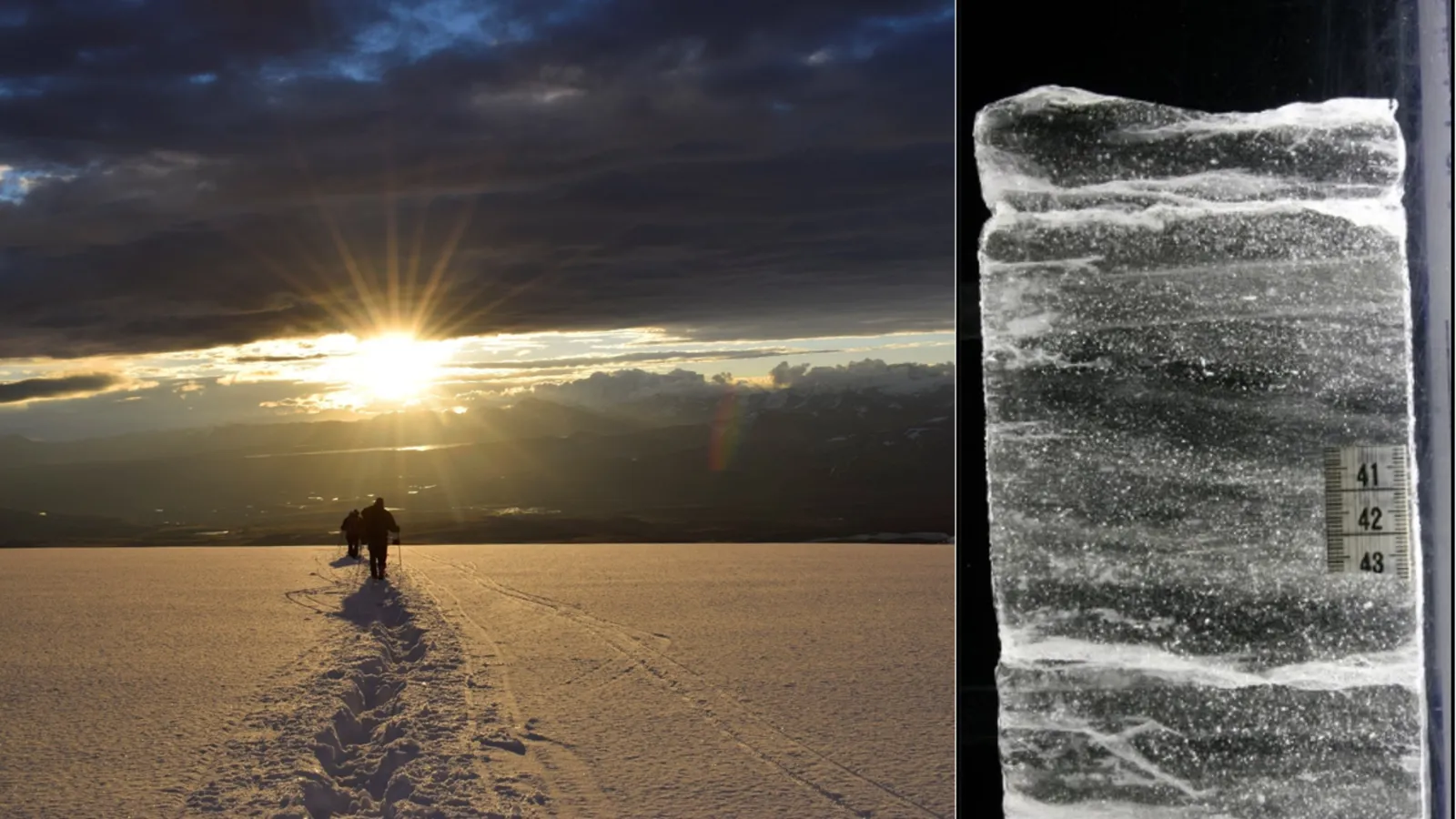 Two people walking on snowy glacier towards a setting sun on the left and an ice core sample depicted on the right