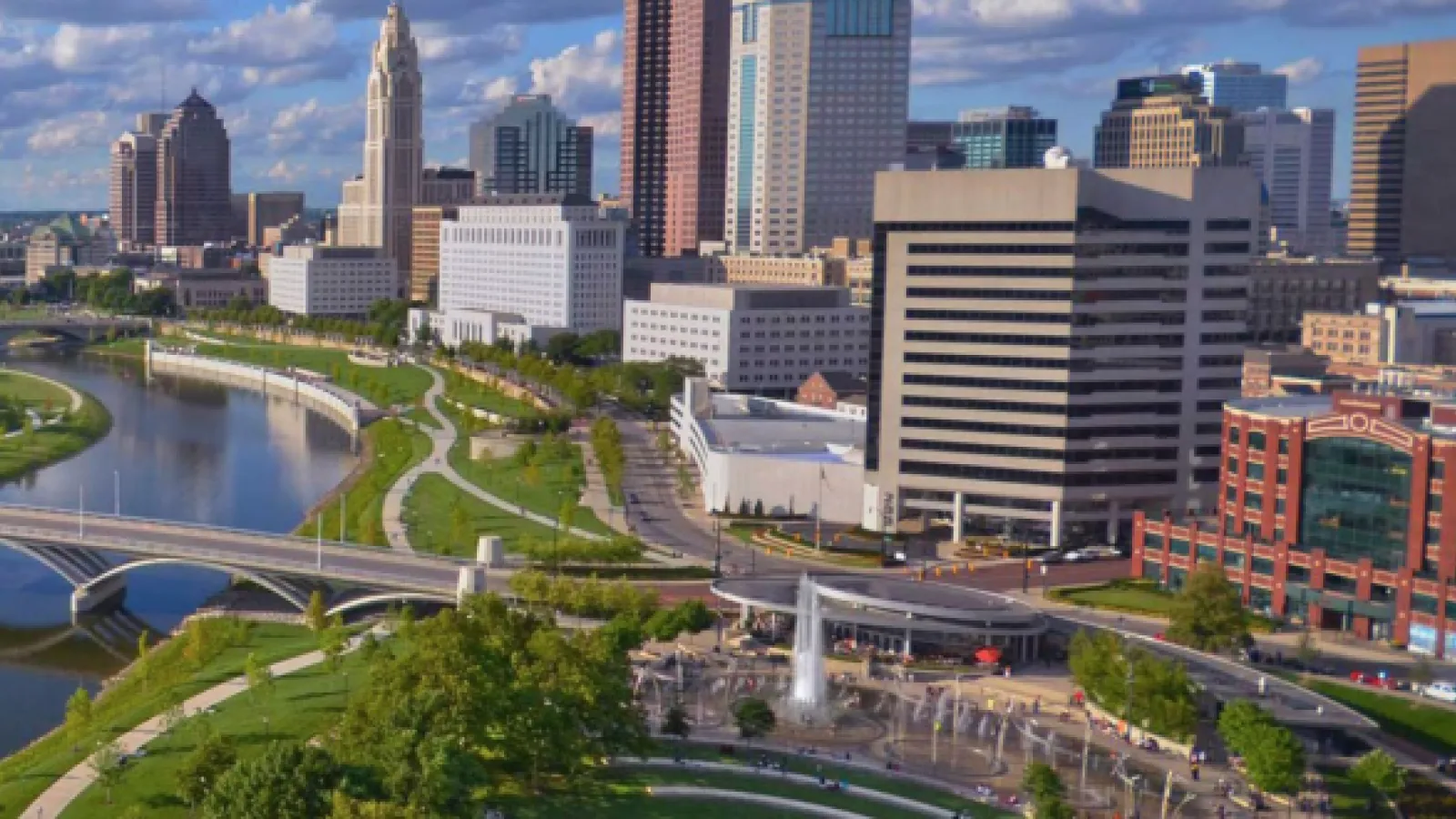 Aerial view of downtown Columbus along the Scioto River
