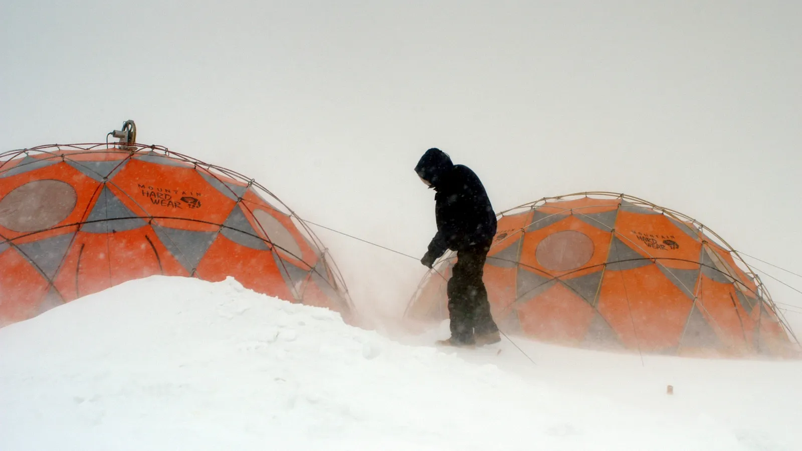 Drill and core processing domes during a massive snow storm