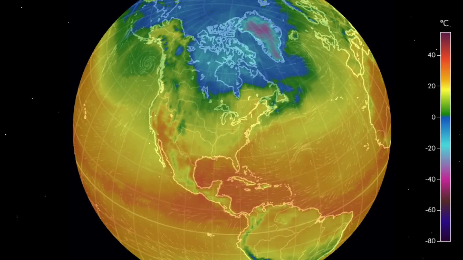 Image of Fluid Earth Viewer showing temperatures for the planet
