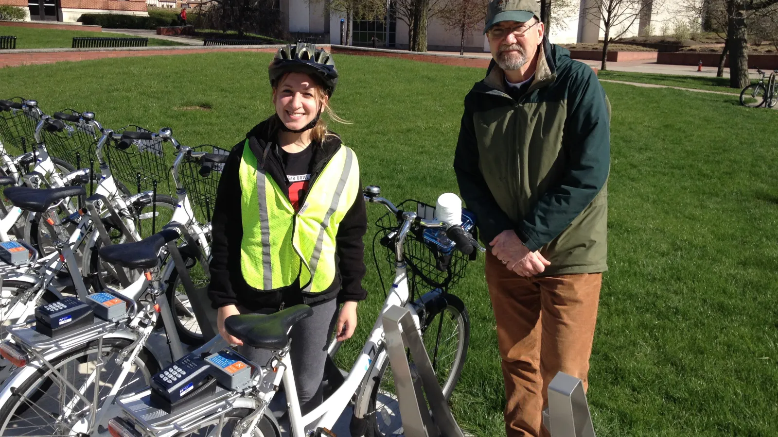 Undergraduate student and instructor with sensors mounted on bike