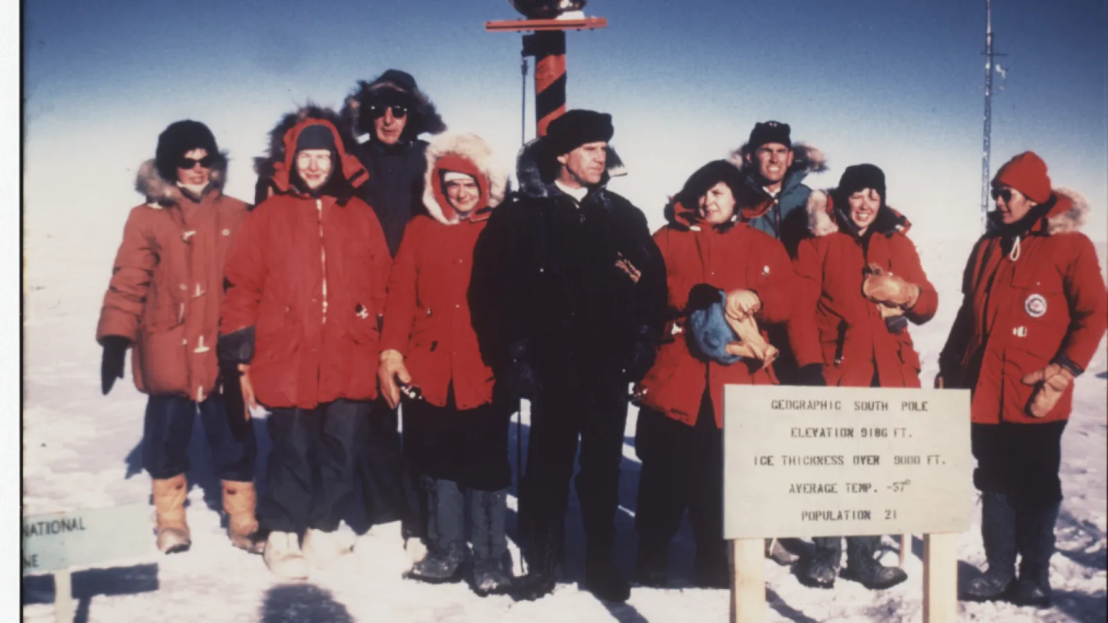 Team members in field gear at the South Pole