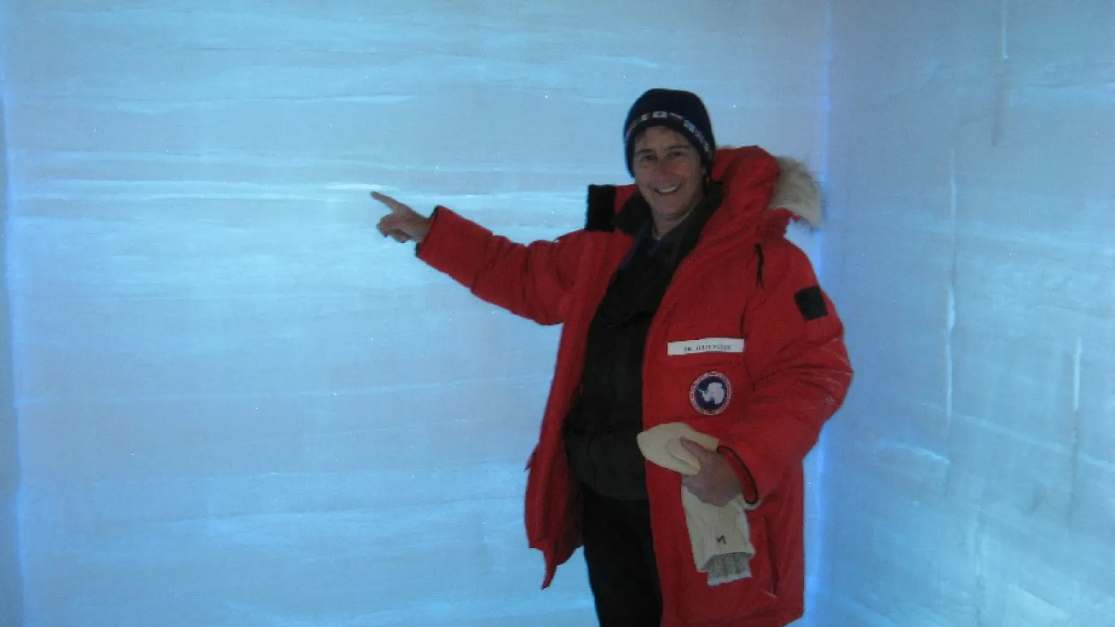 Dr. Julie Palais in the backlit snowpit at WAIS Divide. Photo: Dr. Julie Palais, National Science Foundation