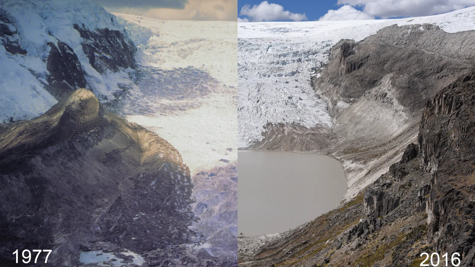 Lanscape photos demonstrating the changes on Quelccaya from 1977 to 2016