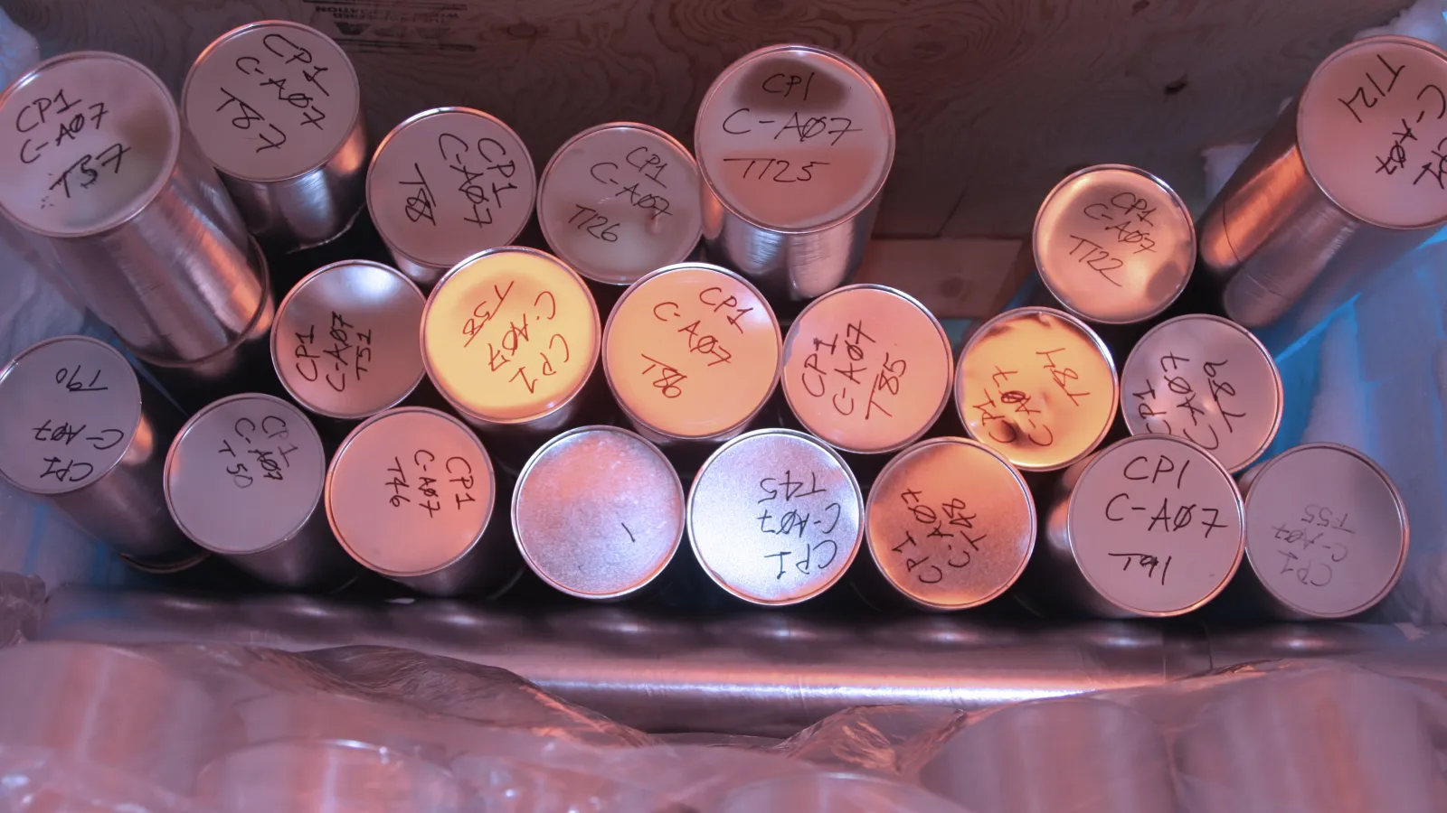 Ice core packaged in their tubes and stored in the trench adjoining the dome