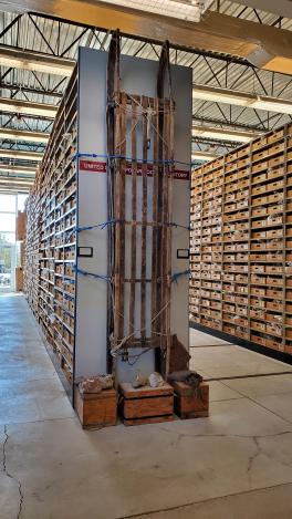 Sled on display in front of rock shelving