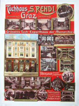 Poster for Tuchhaus S. Rendi in Graz with many pictures showing off the store. The poster is red with white and cold lettering.