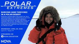 Event Flyer from 2020 containing: Polar Extremes: Surviving (and thriving) in a polar desert. Antartica contains 90% of the worlds ice, but a small percentage of the continent has no ice at al. These polar dessert have little precipitations, freezing temperatures, and salty soils & lakes, yet organisms still survive. Join Melisa Diaz to learn how we study the chemistry of these areas to understand how organisms have survived there for millions of years.  