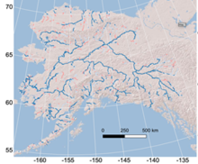 Plain map of Alaska tan with rivers and bodies of water in blue