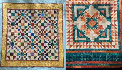 Two quilts, both with geometric patterns. One has a gold border and a variety of colors, the other is orange, turquoise, and white