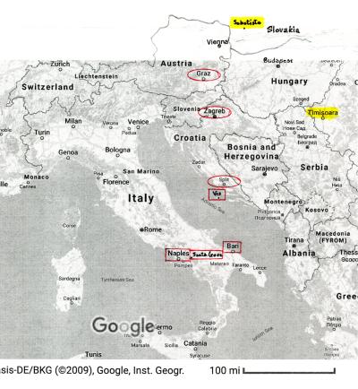 A map of Europe with countries and cities labeled. Marked in red are Graz, Austria; Zagreb and Split and Vis, Croatia; Bari and Naples, Italy.Highlighted in yellow are Sobotište, Slovakia and Timisoara, Romania.