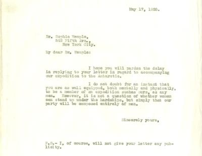 A typed letter from May 17, 1928 to Dr Sophie Wemple at 542 Fifth Ave. New York City. The tone is polite and the letter is brief.
